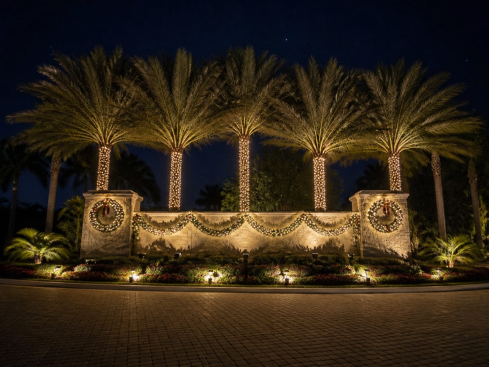 Concept: a community entrance monument with lit garland, wreaths and wrapped palms