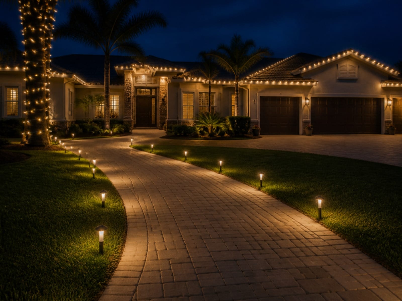 Concept: a paver walkway and driveway lined with warm path lights